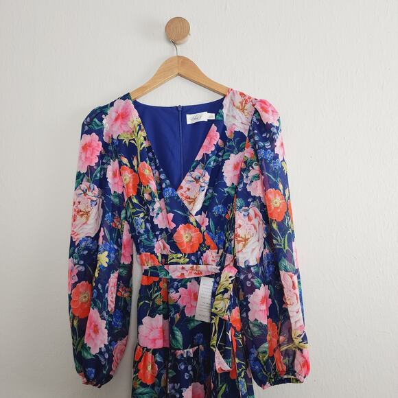 Eliza J Floral Maxi Dress 0 | Navy Multi Surplice Long Sleeve Elegant Gown - Picture 7 of 15